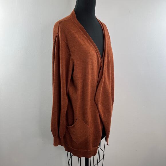 EILEEN FISHER Rust Wool Open Front Cardigan Wrap Pocket Long Sleeve Sweater M? - Picture 4 of 9
